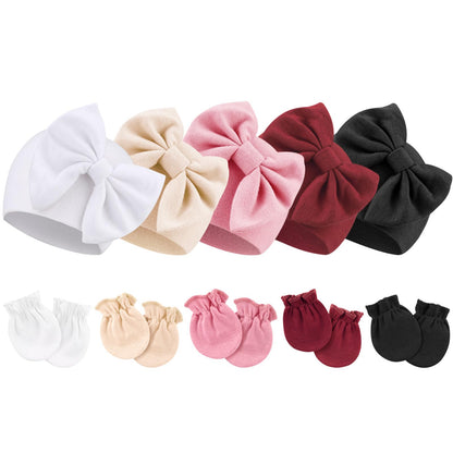 BQUBO Newborn Baby Girls Hats Mittens Set Hospital Hat Beanie Infant Bow Hats Baby Cotton Gloves for 0-6 Months