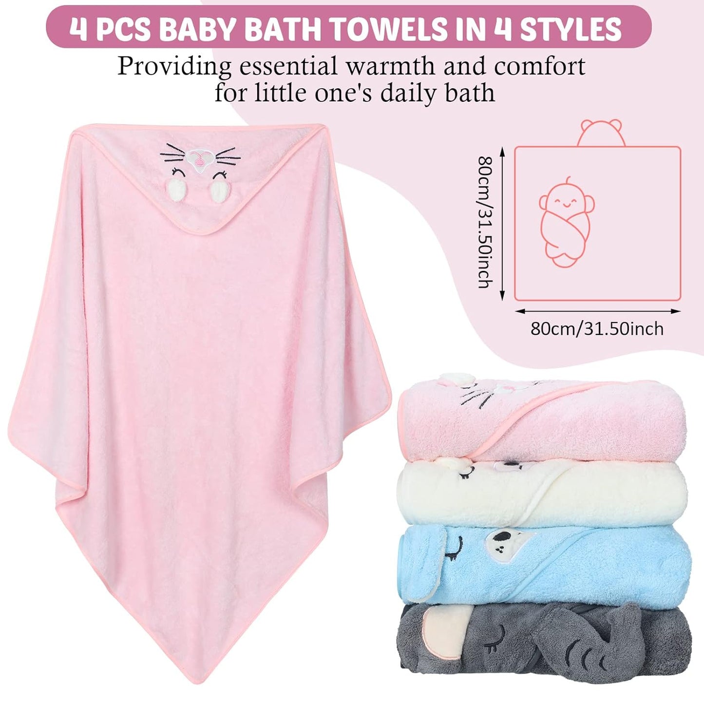 Eccliy 4 Pack Baby Bath Towel Cute Animal Face Coral Fleece Baby Bath Towels Poncho Cape for Boy and Girl (Kitten, Puppy, Bear, Elephant)