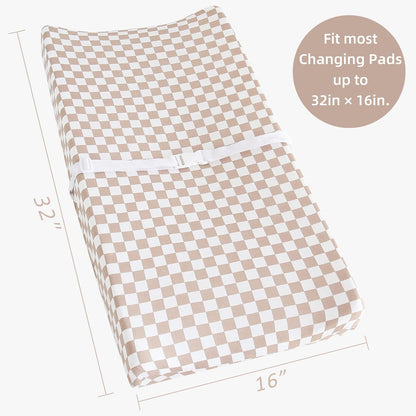 LifeTree Diaper Changing Pad Cover for Boys Girls - Soft Muslin Fitted Changing Table Sheets - 16"x32" Viscose from Bamboo Cotton Blend - Tan Checkered Print