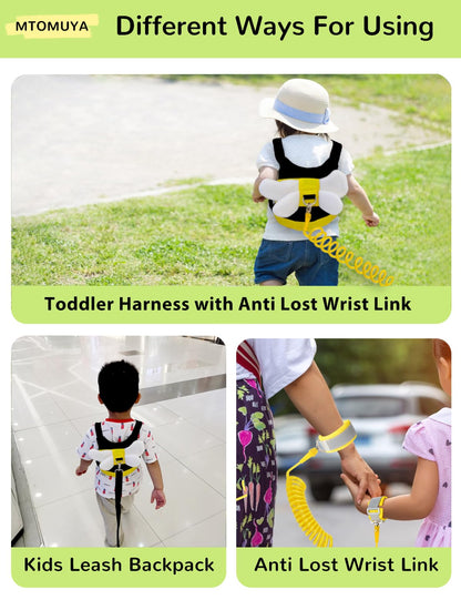Toddler Harness with Anti Lost Wrist Link - 3-in-1 Baby Safety Leash Backpack, Adjustable Kids Walking Belt with Pocket,Child Locking Wristband for Boys & Girls for Outdoor Travel, Yellow Bee