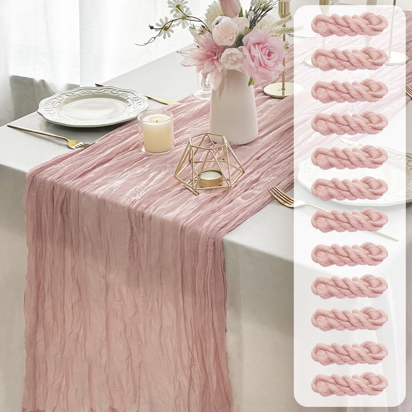 FEXIA Beige Cheesecloth Table Runner 35x120 Inches Ivory Gauze Rustic Boho Spring Easter Table Runner for Engagement Party Decorations Bridal Shower Wedding Party First Communion Centerpiece