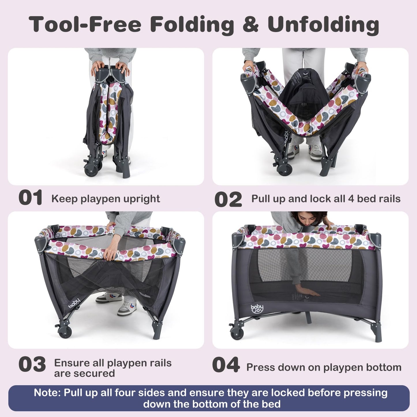 BABY JOY 5 in 1 Pack and Play, Portable Baby Playard w/Bassinet & Diaper Changing Table, Infant Pink Bassinet Crib with Toys & Music & Oxford Bag for Baby Girl Toddlers (Pink + Purple, Starry Sky)