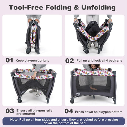 BABY JOY 5 in 1 Pack and Play, Portable Baby Playard w/Bassinet & Diaper Changing Table, Infant Pink Bassinet Crib with Toys & Music & Oxford Bag for Baby Girl Toddlers (Pink + Purple, Starry Sky)