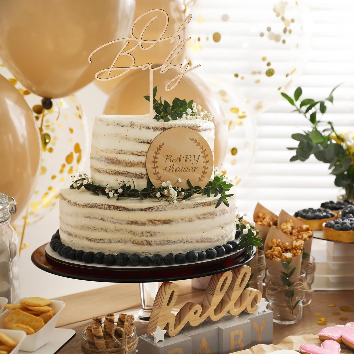 Oh Baby Cake Topper in Wood Greeny Baby Shower Cake Topper Decoration