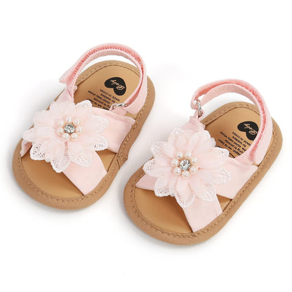 Baby Girls Princess Sandals, Big Rhinestone Flower Open Totes Anti-Skid Soft Sole Walking Shoes, Ankle Stick-On Summer Foot Wear