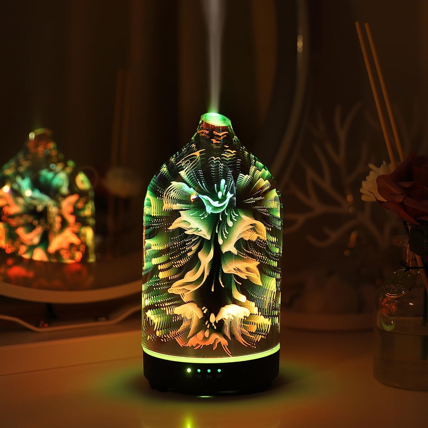 Essential Oil Diffuser Hand Blown Glass Aromatherapy Diffuser - Ultrasonic Cool Mist Scent Aroma Diffuser, Whisper Quiet with Auto Shut-Off, Timer Setting &7 Colors Night Light for Home