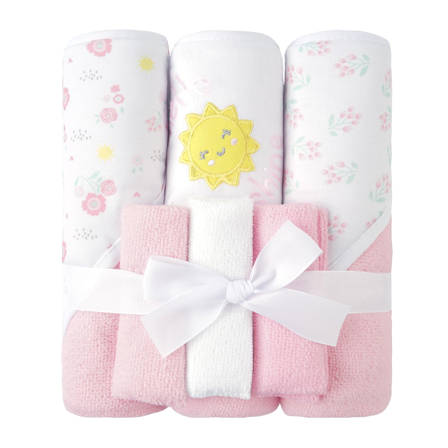 Viviland Baby Towels and Baby Wash Cloths Set Hooded Baby Towels Baby Wipes Absorbent Bath Face Towels Burp Cloths or Face Towels for Girl Boy 6-Pack Size 28 x 28 Inch(Elephant Flower)
