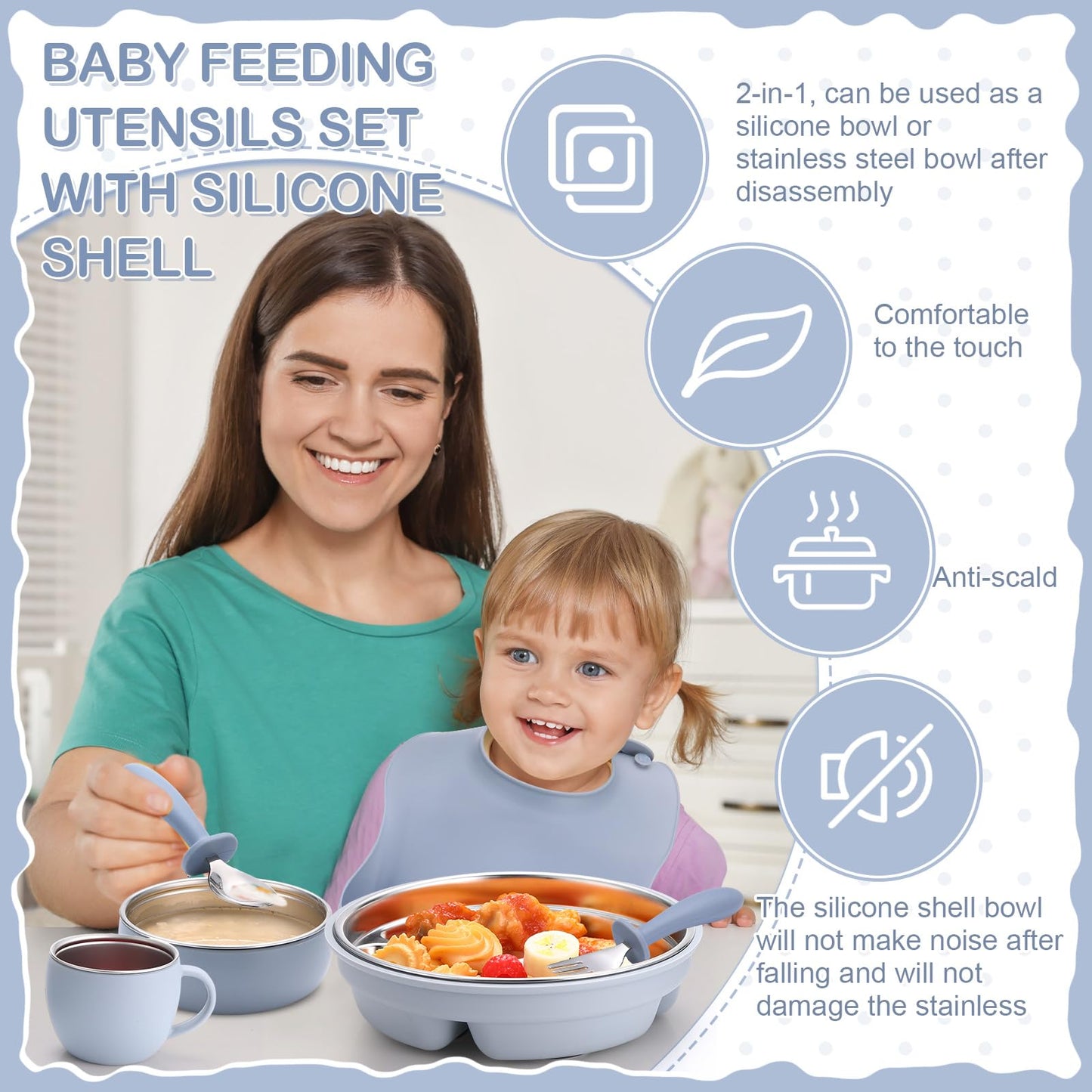 Nuogo 6 Pcs 304 Stainless Steel Kids Plates and Bowls Set Stainless Steel Suction Bowls and Toddler Cup with Removable Silicone, Forks Spoons Pocket Bib for Baby Toddle(Pink,Round)
