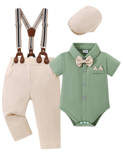 YALLET Baby Boy Clothes Suit Newborn Infant Gentleman Outfits, Formal Dress Shirt+Bowtie+Suspender Shorts Wedding Party Set