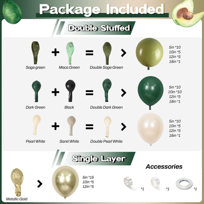 Sage Green Balloons Arch Double Stuffed, Olive Dusty Green Brown Beige Neutral Balloon Garland Kit, White Sand Apricot Tan Latex Balloon for Baby Shower Birthday Jungle Safari Party Decoration