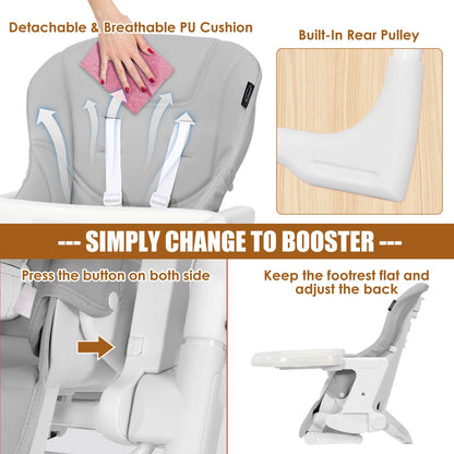 INFANS High Chair for Babies & Toddlers, Foldable Highchair with Multiple Adjustable Backrest, Footrest and Seat Height, Removable Tray, Detachable PU Leather Cushion, Built-in Rear Wheels (Black)