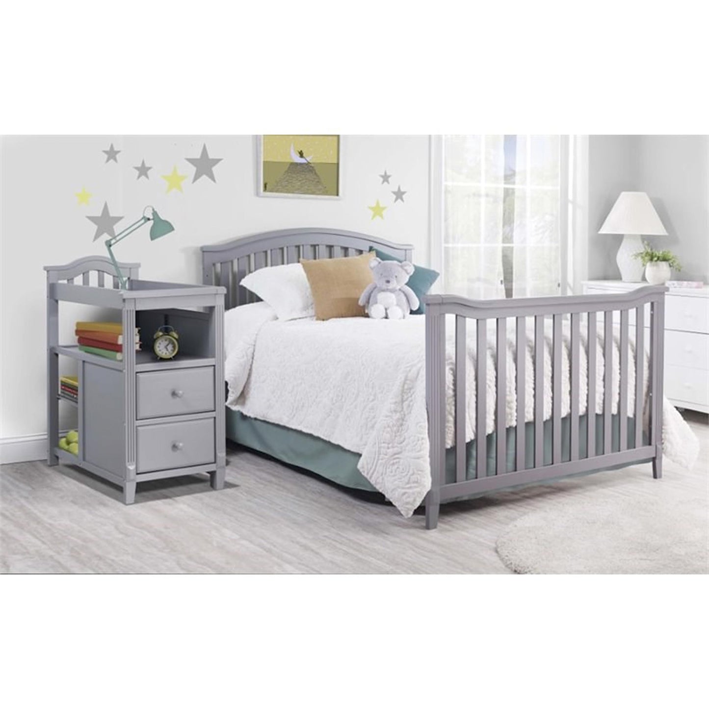 SORELLE FURNITURE Berkley Crib and Changer with Slat Panel Back Classic -in- Convertible Diaper Changing Table Non-Toxic Finish Wooden Baby Bed Toddler Childs Daybed Full-Size Nursery - White