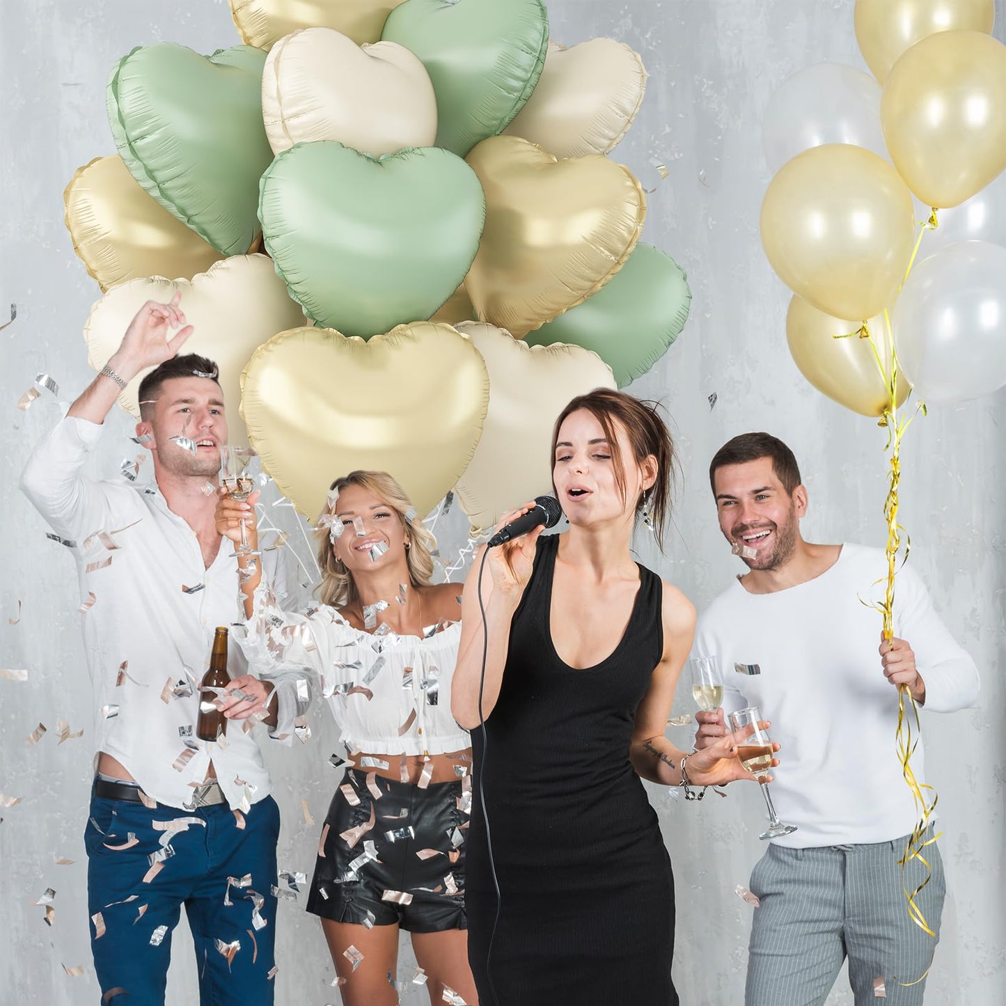 Sage Green Gold Heart Balloons,12Pcs Light Gold Heart Shaped Foil Balloons,18Inch Cream White Helium Mylar Balloon for Baby Shower Birthday Anniversary Wedding Party Decorations