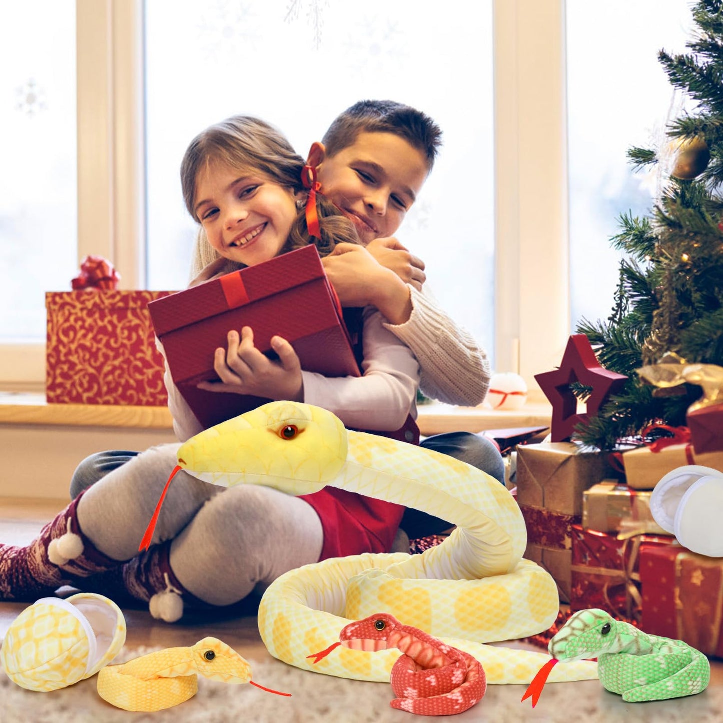 MorisMos Snake Stuffed Animals Plush Toy 120 Inch Giant Snake Plush with Babies Stuffed Snake Toys for Kids Plush Party Decorations Favors Prank Props, 4 Snake Babies, 3 Snake Eggs
