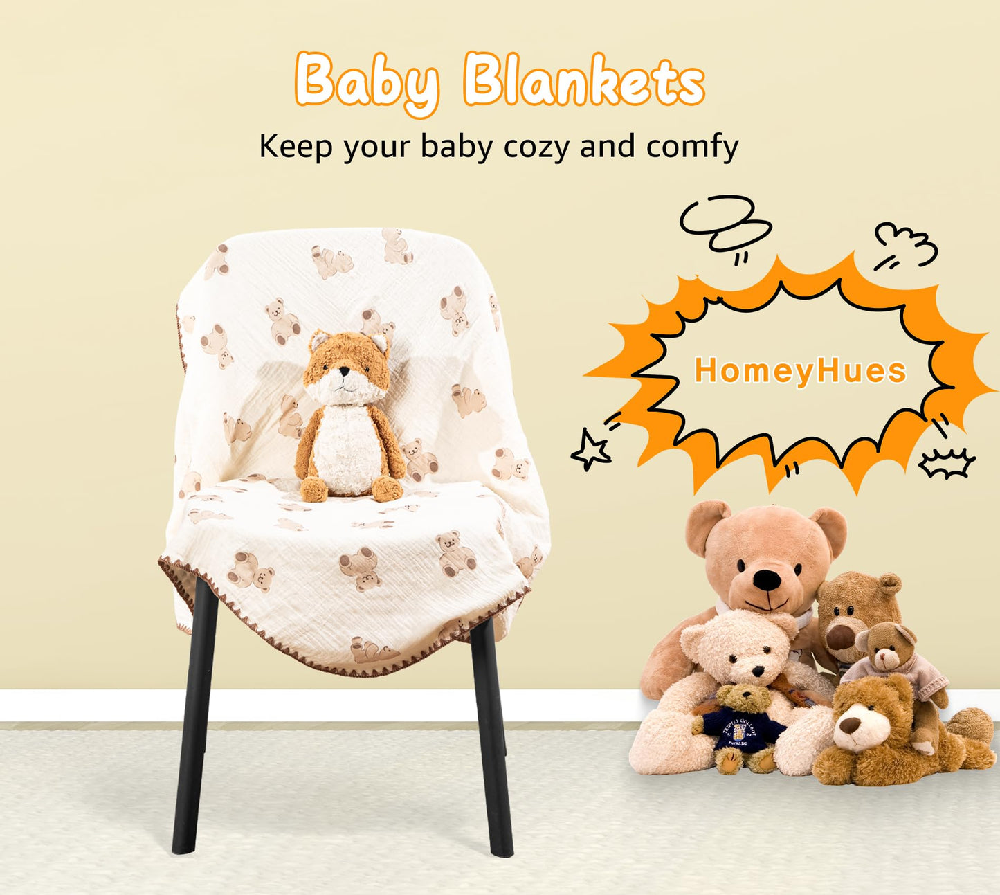 Baby Blanket Double Layer Cotton 40 x 40 Soft Receiving Blanket with Pattern Machine Washable Brown Bear