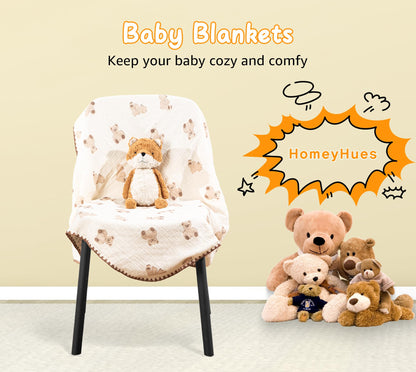Baby Blanket Double Layer Cotton 40 x 40 Soft Receiving Blanket with Pattern Machine Washable Brown Bear