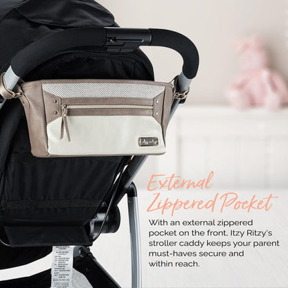 Itzy Ritzy Adjustable Stroller Caddy and Organizer Bag Featuring Front Zippered Pocket, 2 Built-in Interior Pockets & Adjustable Straps to Fit Nearly Any Stroller (Chai)
