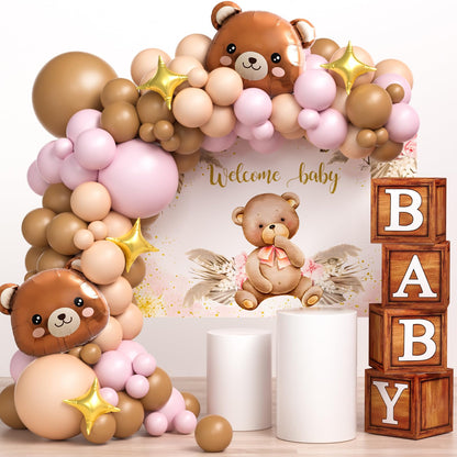 117 Teddy Bear Baby Shower Decorations for Boy Birthday Supplies Brown Blue Balloon Garland Kit Wood Grain Boxes with Letters Bearly Wait Backdrop Bear Theme Baby Shower Decor