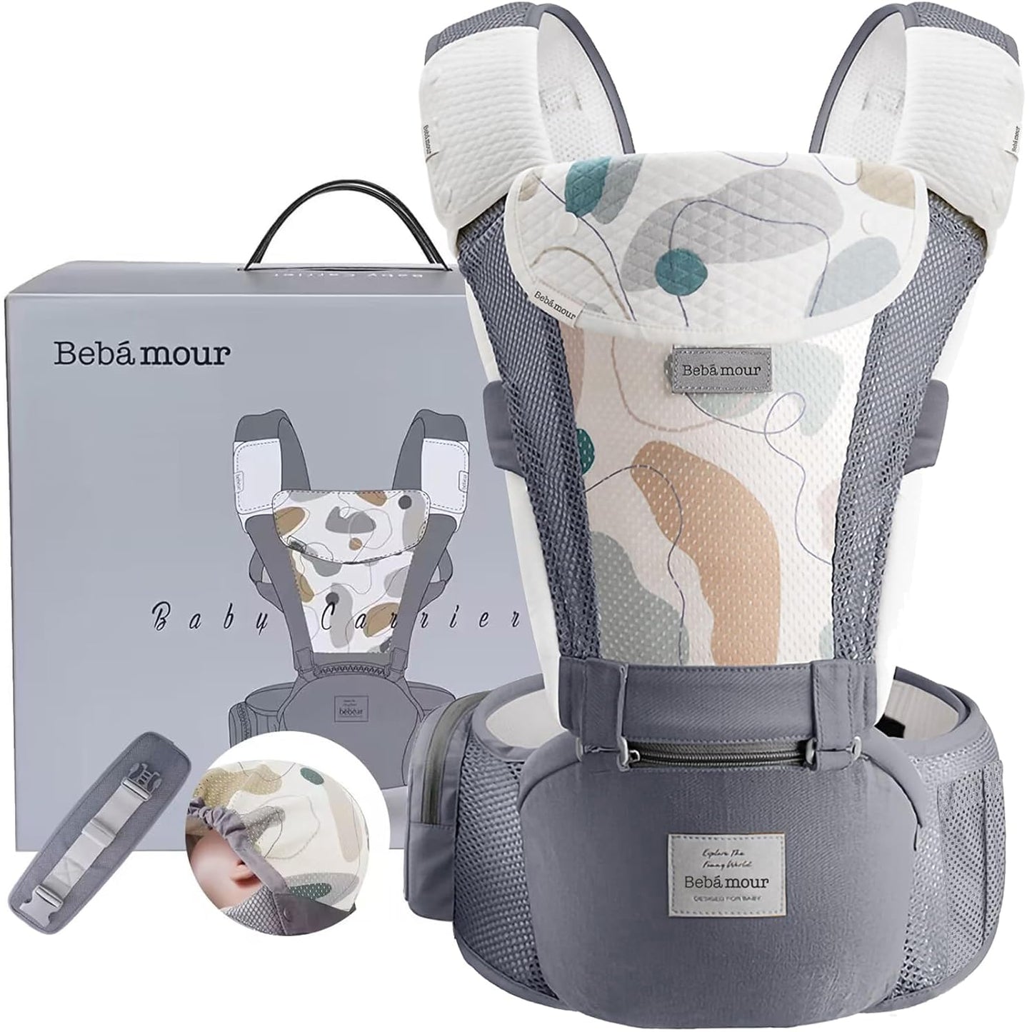Bebamour Baby Carrier Newborn to Toddler-2 in 1 Hip Seat & Carrier Front and Back Carry with Head Hood & 3 Pieces Teething Pads& Waist Extenders & Storage Bag 0-36 Months (Grey)