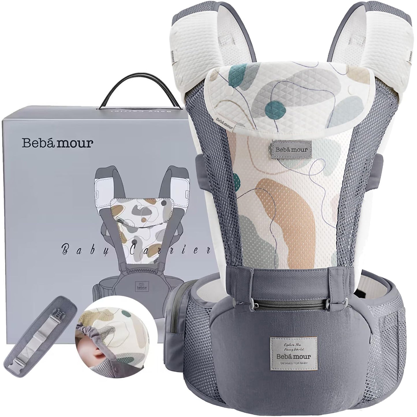 Bebamour Baby Carrier Newborn to Toddler-2 in 1 Hip Seat & Carrier Front and Back Carry with Head Hood & 3 Pieces Teething Pads& Waist Extenders & Storage Bag 0-36 Months (Green)