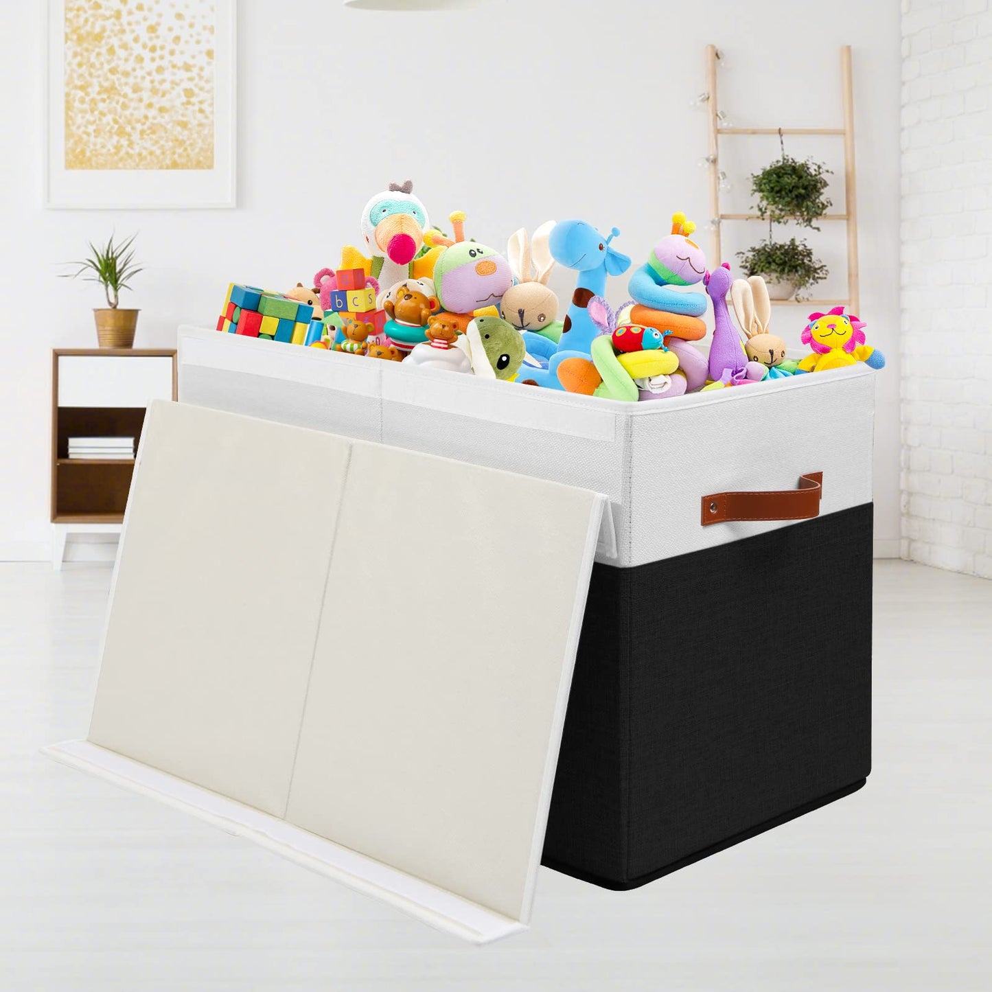 Large Toy Storage Box with Lid, Sturdy Toys Storage Chest Bin Organizer Basket with Dividers for Kids, Boys, Girls, Nursery, Closet, Bedroom, Playroom 25"x13" x16" (Beige and White)