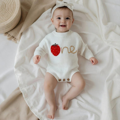 Baby Girl First Birthday Outfit One Year Old Strawberry Embroidery Knit Sweater Romper Warm Fall Winter Clothes