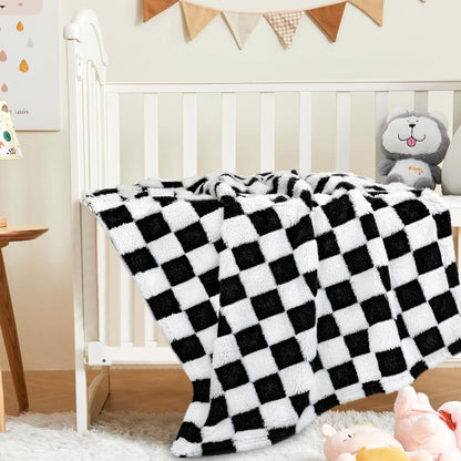 HOMRITAR Checkered Baby Blanket for Boy Girls Ultra Soft Fluffy Fuzzy Toddler Blankets with 3D Chessboard Grid Warmer Comfort Reversible Bed Blanket for Winter 350GSM Black 30 x 40 Inch