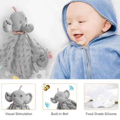 Baby Shower Gifts, Baby Boy Gift Basket Set Newborn Blanket Elephant Lovey Baby Security Blanket Wooden Rattle Toy, Funny Bibs Socks & Greeting Card, New Boys Baby Gift Essentials