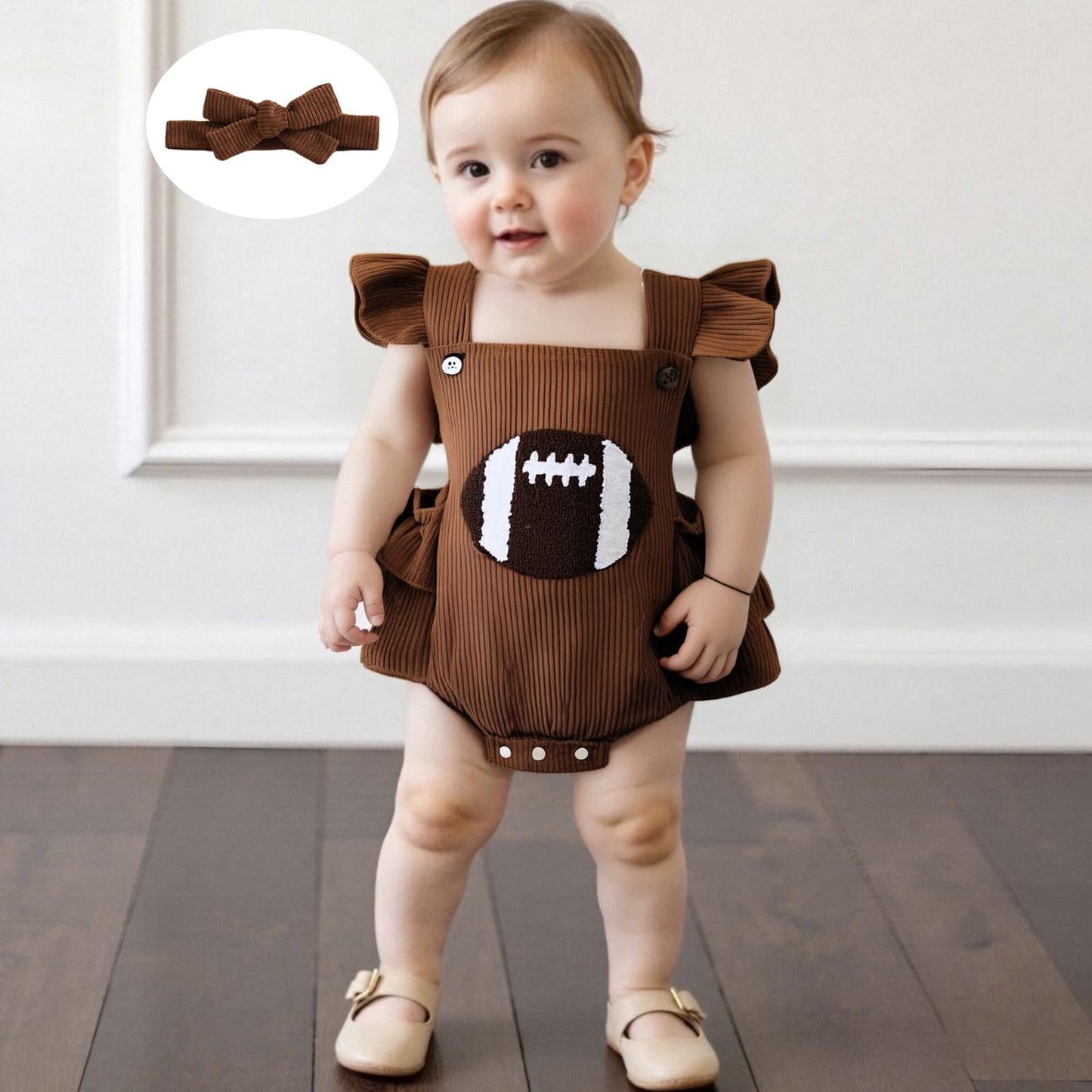 Football Baby Girl Outfit Embroidery Football Romper Ruffle Sleeve Corduroy Bodysuit Overalls Game Day Clothes