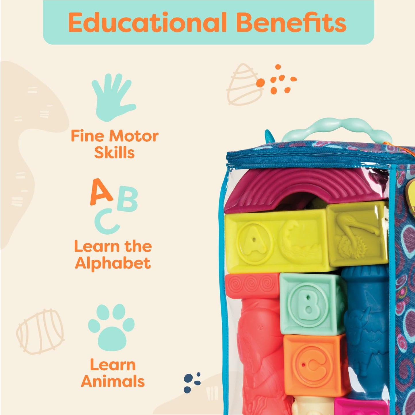 B. toys – Baby Blocks – Stacking & Building Toys For Babies – 10 Soft & Educational Blocks- Numbers, Shapes, Colors, Animals- One Two Squeeze- 6 Months +