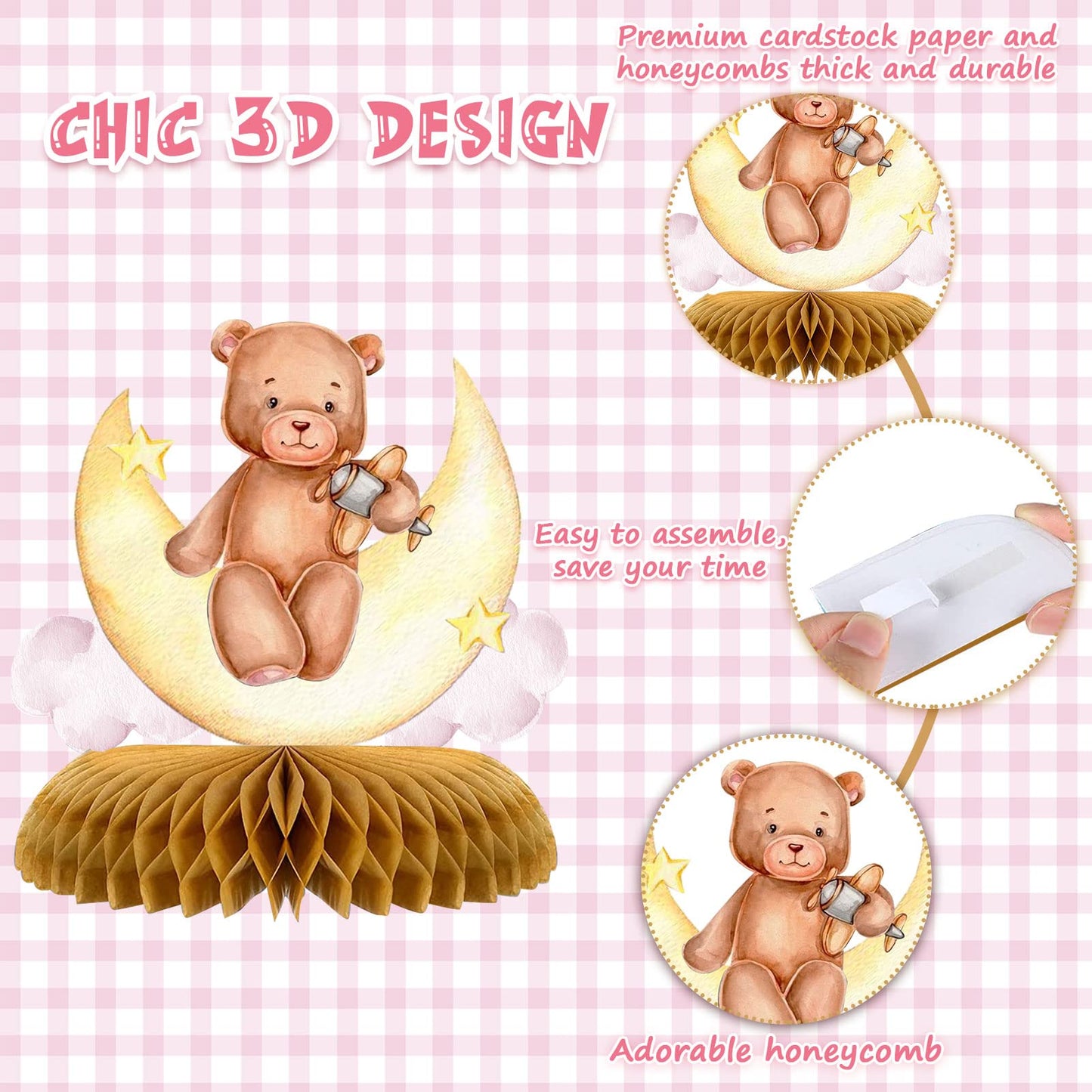 Tarklanda 9 Pcs Bear Baby Shower Honeycomb Centerpieces for Boys Party Decorate,Little Bear Balloons Cutouts Table Topper Honeycomb 3D Table Decoration for Kids Baby Shower Birthday Party Supplies