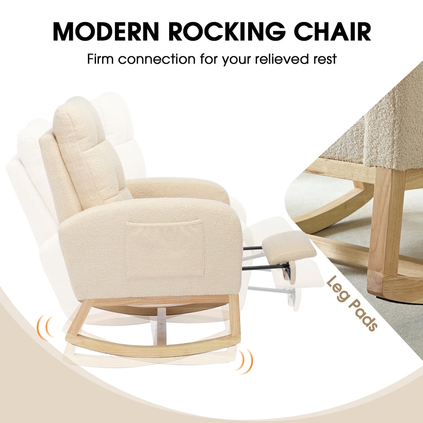 NIOIIKIT Modern Nursery Rocking Chair, Teddy Upholstered Rocking Chair with Footrest, Comfortable Glider Rocker with Side Pocket for Living Room, Bedroom, Nursing Room (Beige)