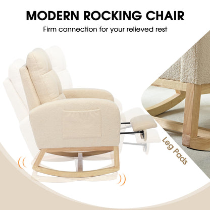 NIOIIKIT Modern Nursery Rocking Chair, Teddy Upholstered Rocking Chair with Footrest, Comfortable Glider Rocker with Side Pocket for Living Room, Bedroom, Nursing Room (Beige)