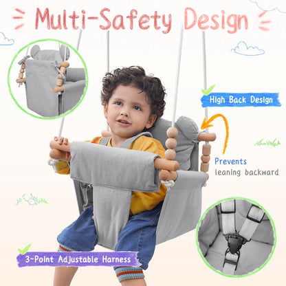 Baby Swing Indoor Outdoor,Secure Canvas Wooden Toddler Swing Seat, 3-Point Adjustable Safety Harness,Mounting Hardware Included,Gift for Boys and Girls,White