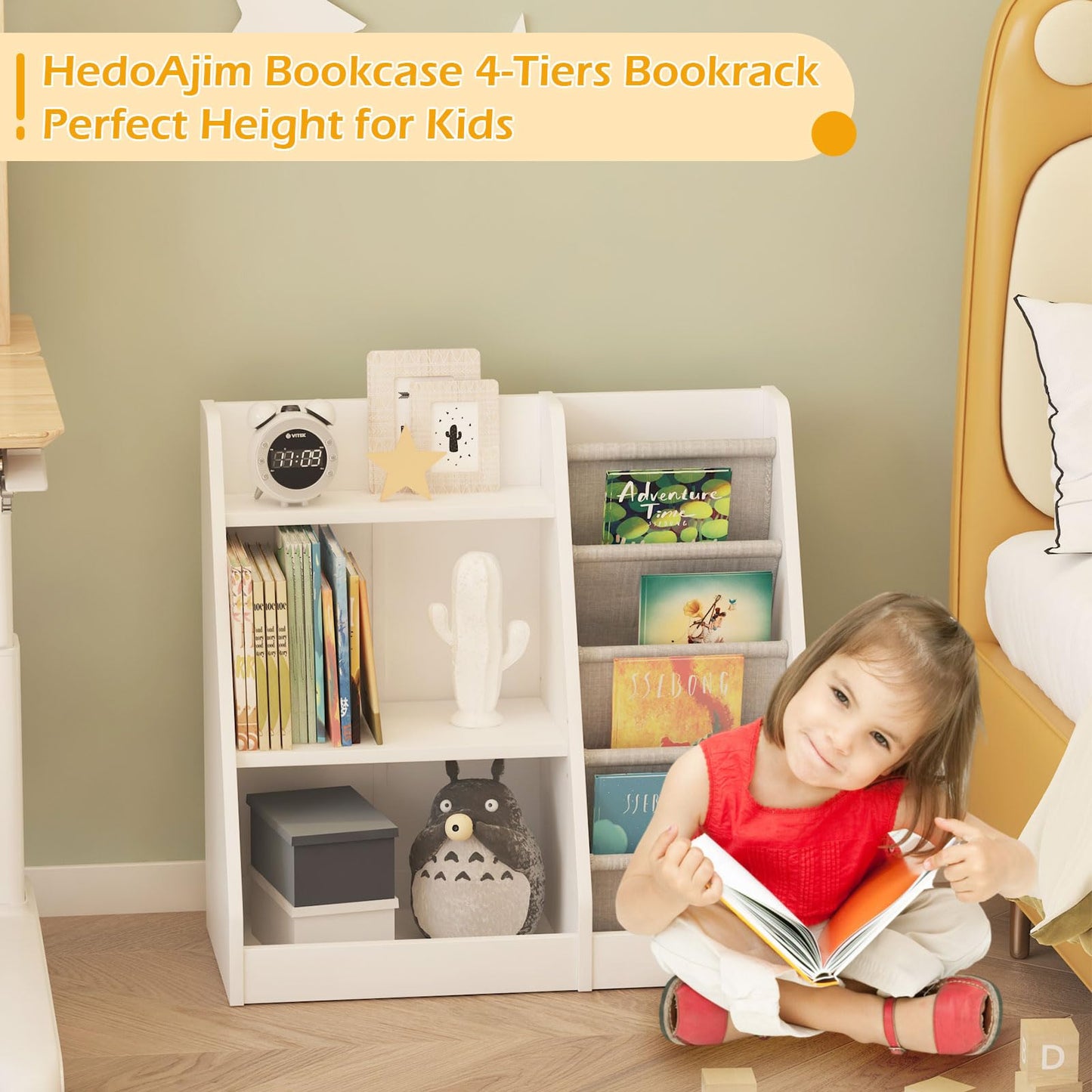 White Kids Bookshelf Wood Toy Storage Organizer Cabinet Children Bookcase Toddler Baby Sling Book Rack 3 Cube Bins Fabric Drawers for Playroom Bedroom Nursery School