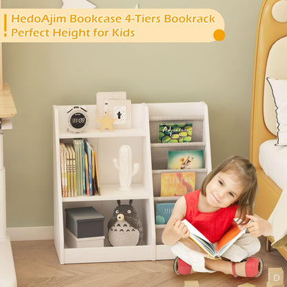White Kids Bookshelf Wood Toy Storage Organizer Cabinet Children Bookcase Toddler Baby Sling Book Rack 3 Cube Bins Fabric Drawers for Playroom Bedroom Nursery School