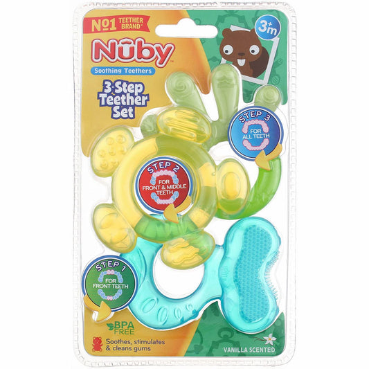 Nuby 3 Step Soothing Teether 3 Piece Set- Front, Middle, Back Teeth Teething- Pink/Purple, 3 m+