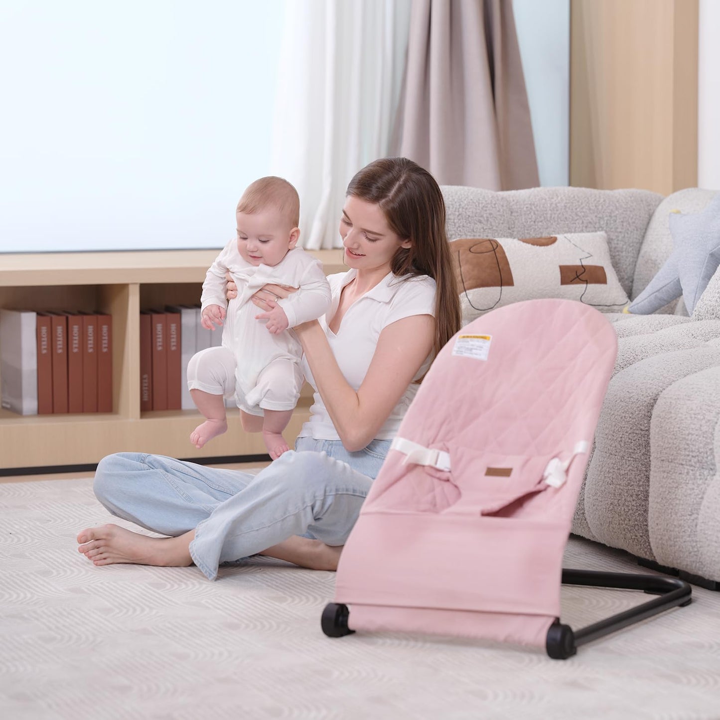 Baby Bouncer,Baby Bouncer Seat,Portable Infant Bouncer with 3-Point Safety Harness,Ergonomic Bouncy Seat, Newborns Bouncer for Babies 0-6 Months up to 20lbs,ASTM-Certified(Pink)
