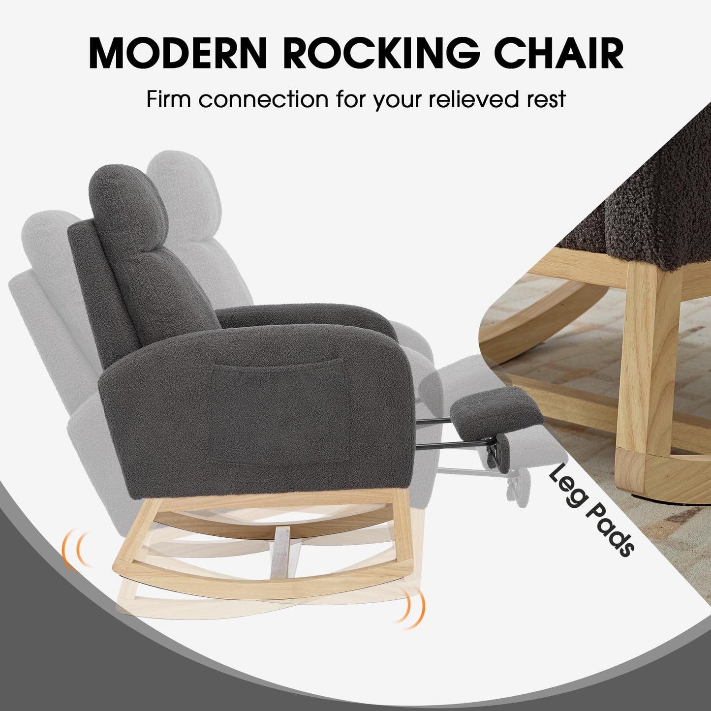 NIOIIKIT Modern Nursery Rocking Chair, Teddy Upholstered Rocking Chair with Footrest, Comfortable Glider Rocker with Side Pocket for Living Room, Bedroom, Nursing Room (Beige)