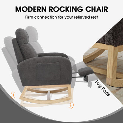 NIOIIKIT Modern Nursery Rocking Chair, Teddy Upholstered Rocking Chair with Footrest, Comfortable Glider Rocker with Side Pocket for Living Room, Bedroom, Nursing Room (Beige)