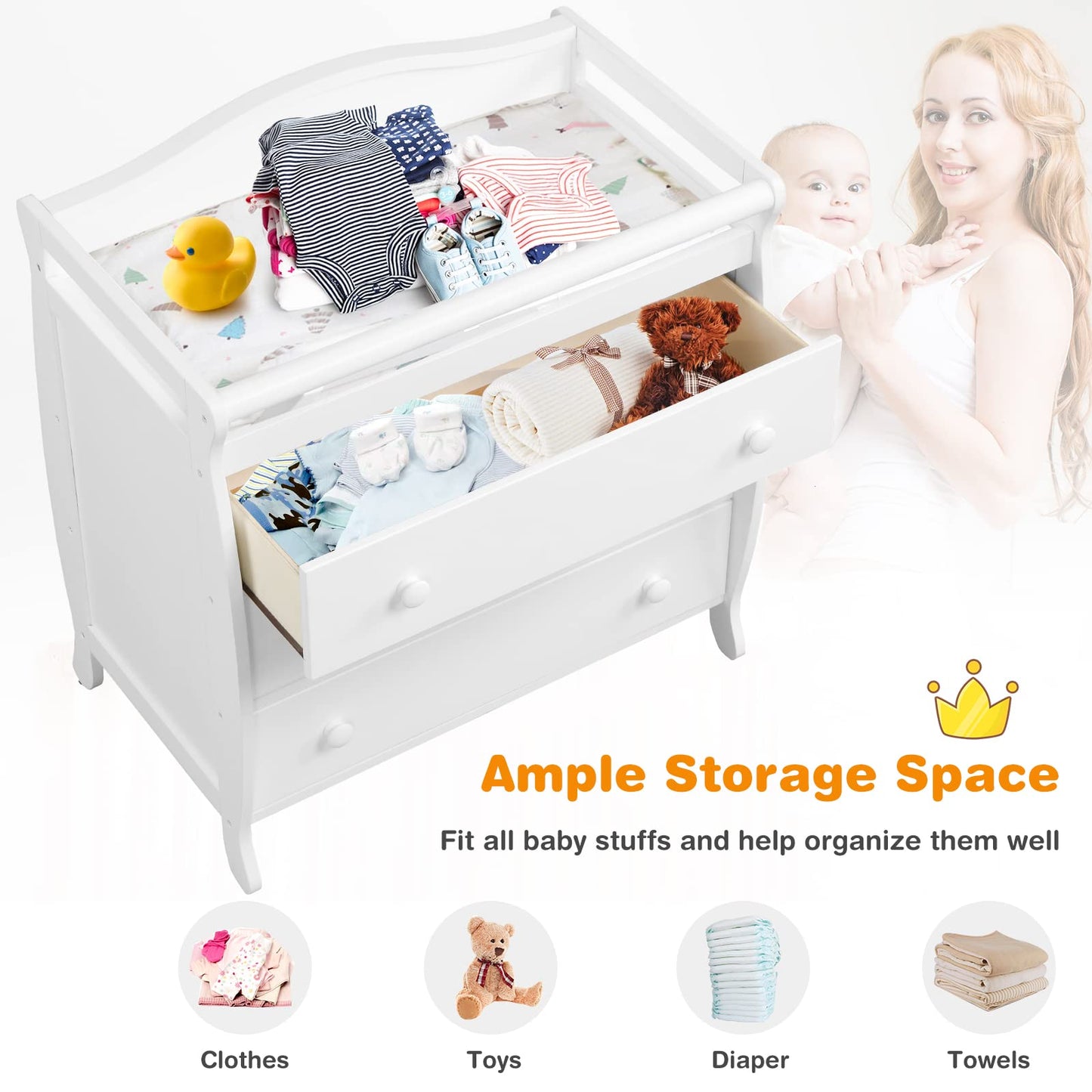 Costzon 3-Drawer Changing Table, Infant Diaper Changing Station with Drawers, Safety Rails & Strap, Baby Changing Table Dresser for Nursery, Easy Assembly (Brown)