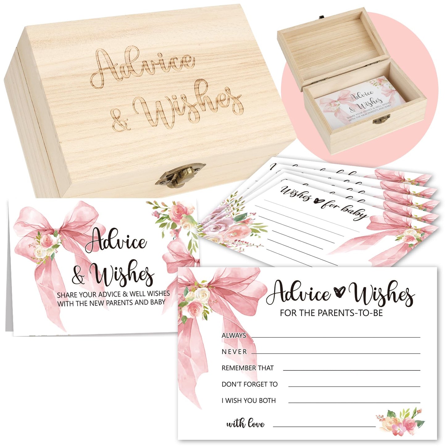 50 PCS Pink Bow Baby Shower Advice Cards For Parents To Be, Advice and Wishes Cards with Box for Baby Shower Games Advice for New Parents Baby Showers