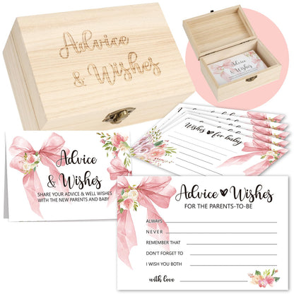 50 PCS Pink Bow Baby Shower Advice Cards For Parents To Be, Advice and Wishes Cards with Box for Baby Shower Games Advice for New Parents Baby Showers
