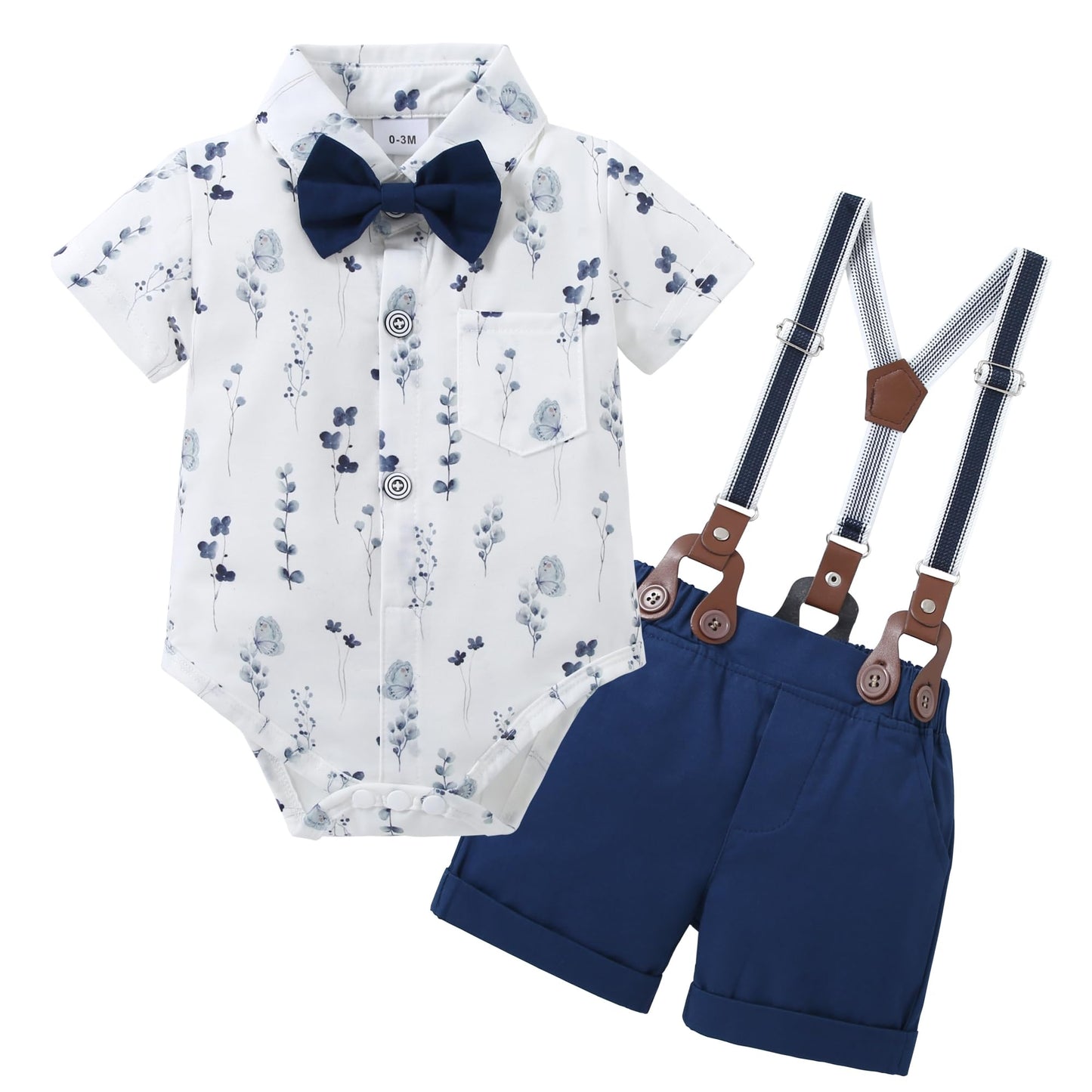 WESIDOM Baby Boy Clothes Suit 0-24 Months Gentleman Outfits, Short Sleeve Dress Romper+Bowtie+Detachable Suspender Shorts Set
