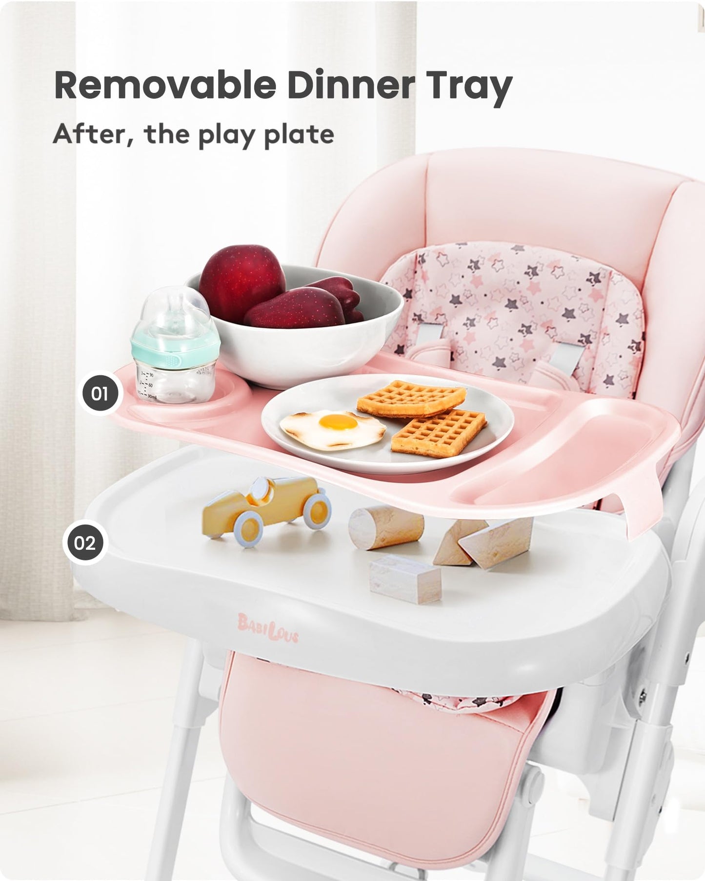Convertible High Chairs for Babies and Toddlers, Foldable High Chair with Adjustable Backrest, Footrest and Tray, Baby Dinning High Chair with Lockable Wheels, Star Pink