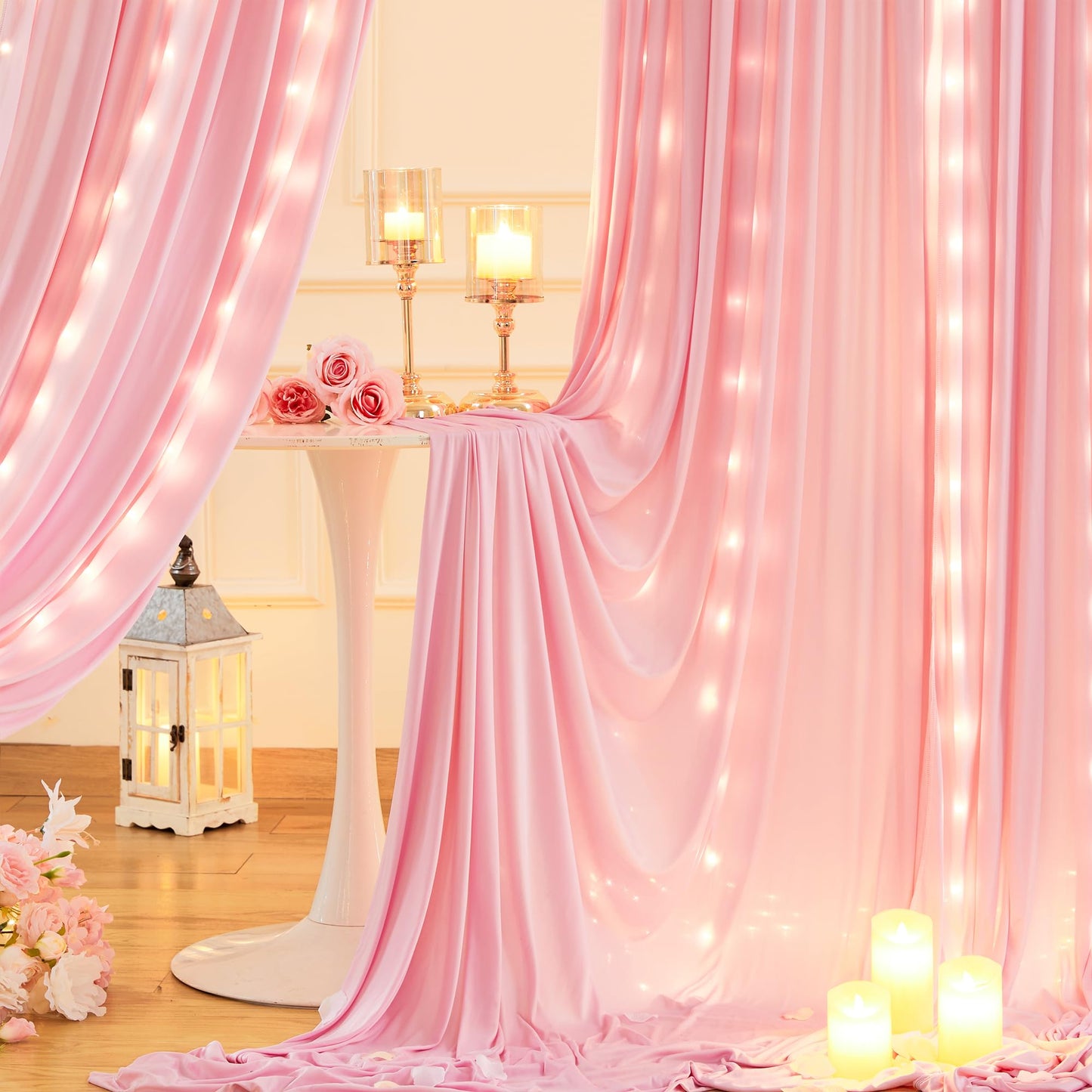 10x10ft Pink Backdrop Curtain with Lights String for Parties Wedding Wrinkle Free Soft Curtains Photo Backdrop Drapes for Girls Birthday Baby Shower Background Decorations 5x10ft, 2 Panels