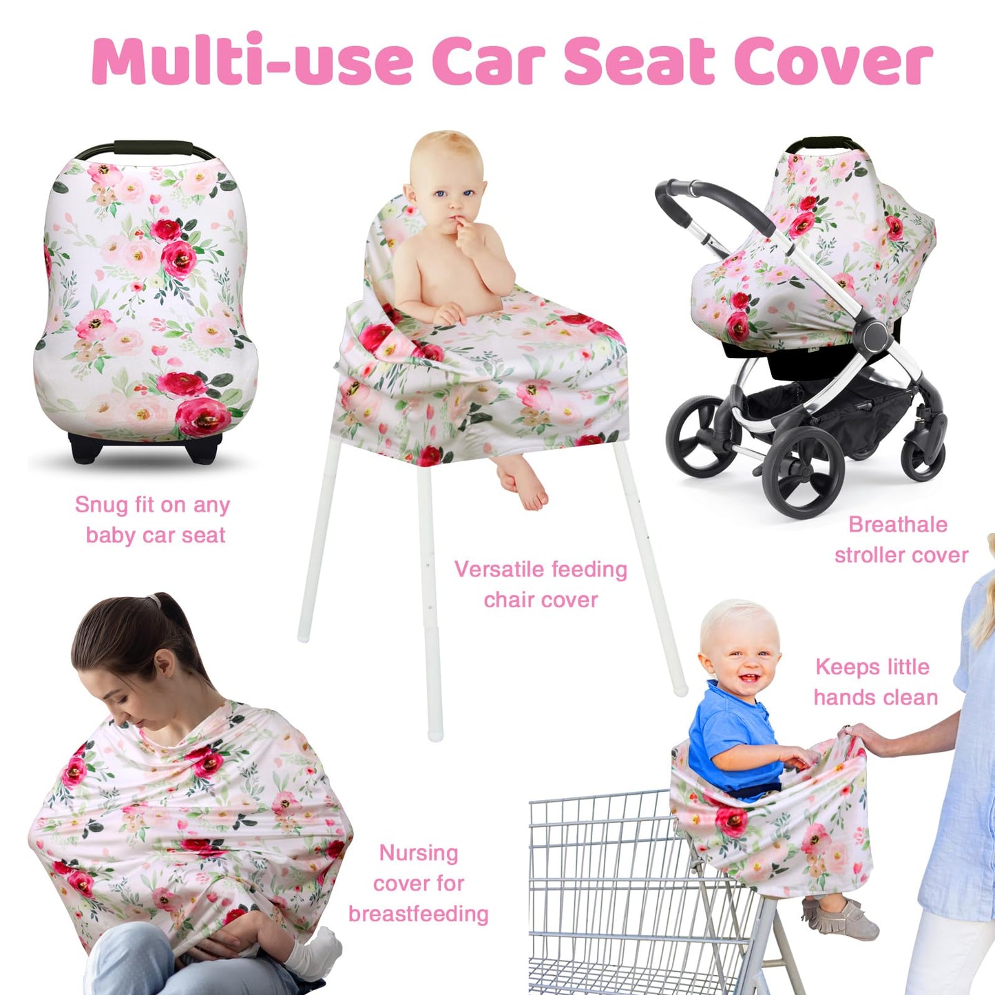 Rquite All-in-1 Car Seat Cover Baby, Carseat Covers for Girl Boy, Stretchy Soft Infant Car Seat Cover, Multi-use Baby Carrier Cover, Car Seat Canopy, Stroller Sun Shade, Nursing Breastfeeding Cover