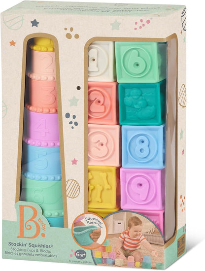 B. toys – Sensory Baby Toys – Soft Baby Blocks – Stacking Drip Cups – Numbers, Shapes & Animals – 6 Months + – Stackin' Squishies