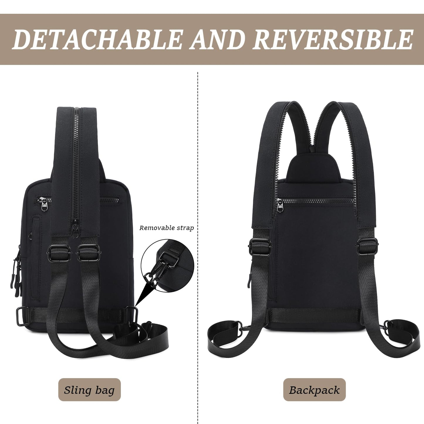 MYHOZEE Sling Bag Crossbody Backpack Purse - 2 in 1 Nylon Cross Body Bag Diaper with Wipes Pouch, Water Bottle Pocket