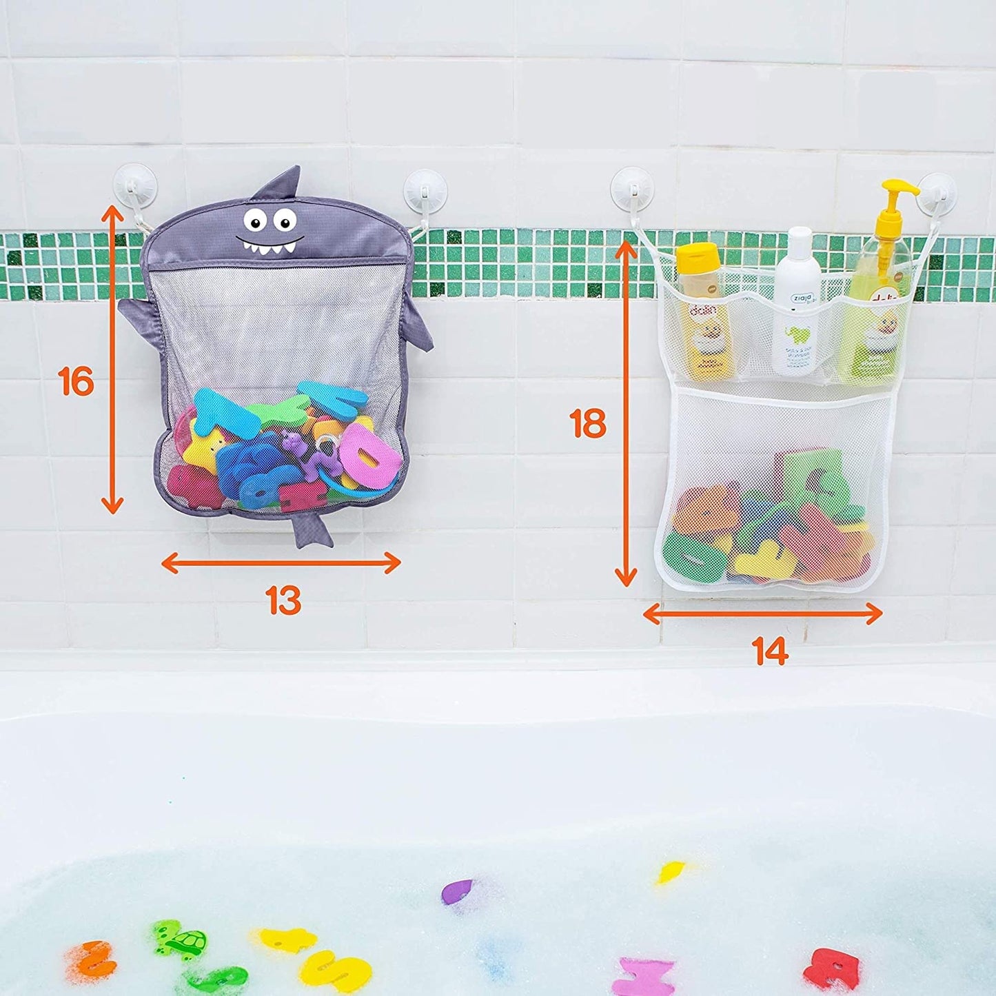 2 x Mesh Bath Toy Organizer + 8 Ultra Strong Hooks – The Perfect Bathtub Toy Holder & Bathroom or Shower Caddy – These Multi-use Net Bags Make Baby Bath Toy Storage Easy – For Kids & Toddlers